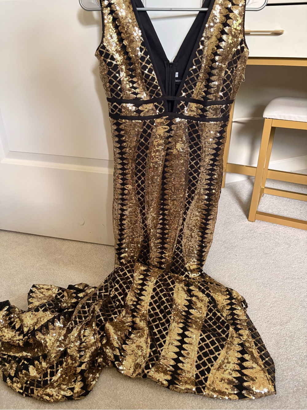 Gold Sequin V-Neck Evening Gown - Black & Gold
